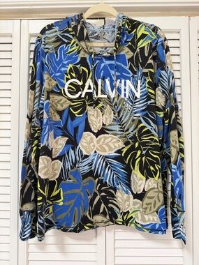Calvin Klein Blue & Black Tropical Leaf Lightweight Hoodie 2X